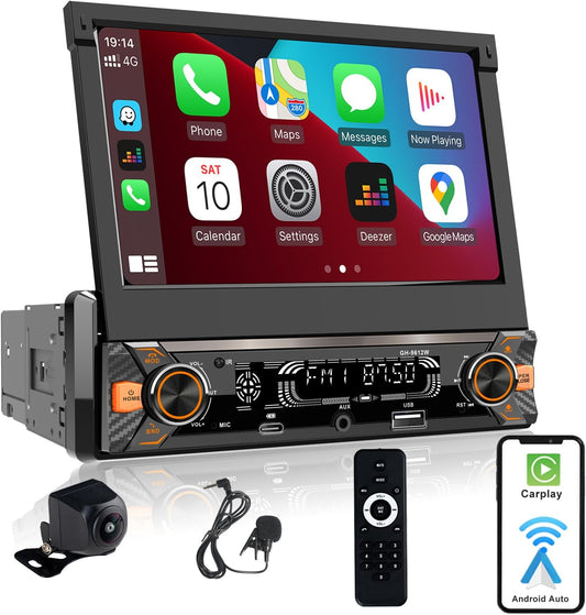 Single Din Car Radio Touchscreen (7' Motorized Flip Out) Android/Apple Compatible, BT, Type-C