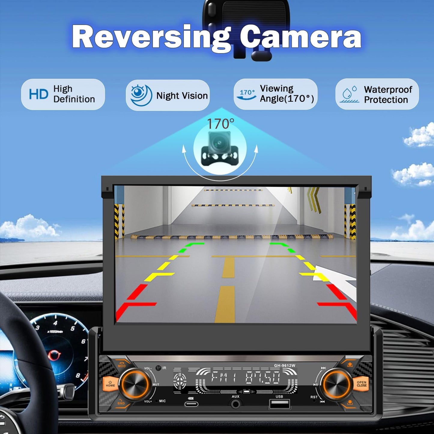 Single Din Car Radio Touchscreen (7' Motorized Flip Out) Android/Apple Compatible, BT, Type-C
