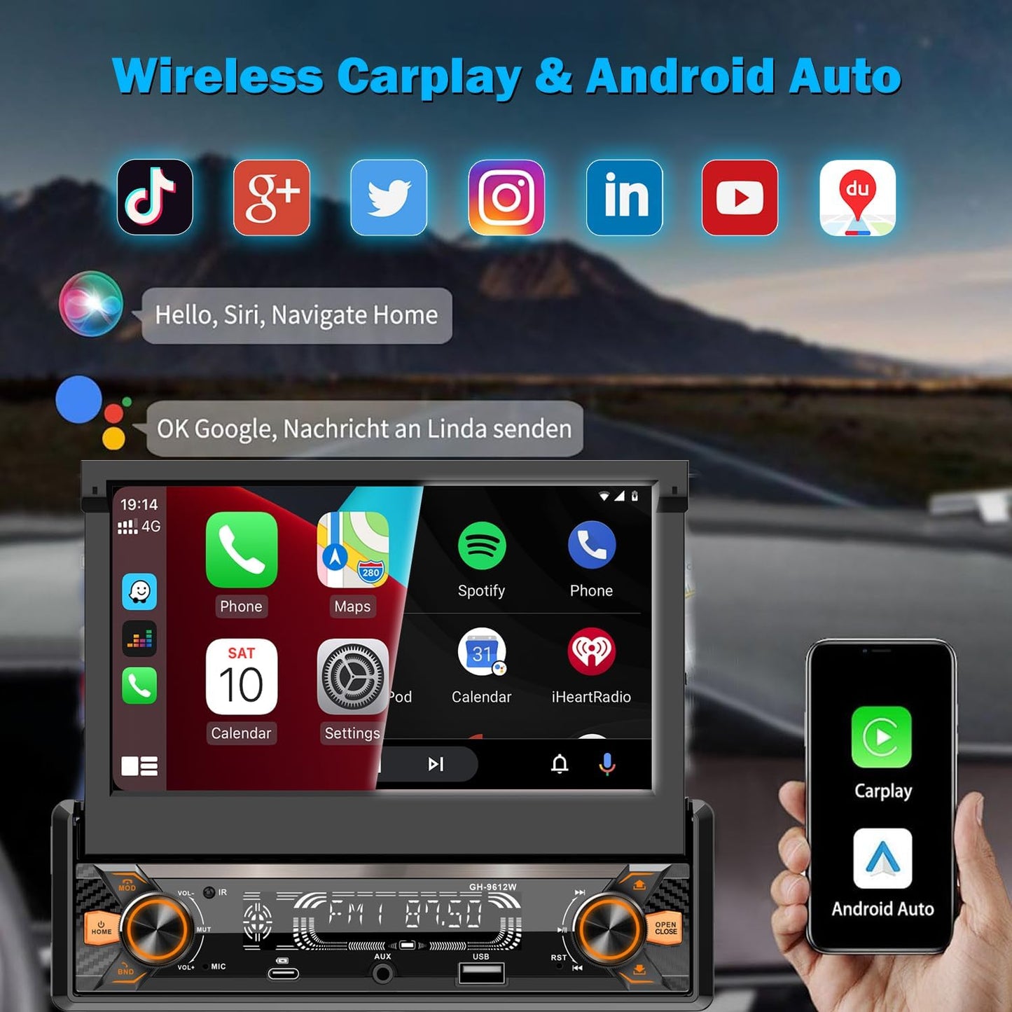 Single Din Car Radio Touchscreen (7' Motorized Flip Out) Android/Apple Compatible, BT, Type-C