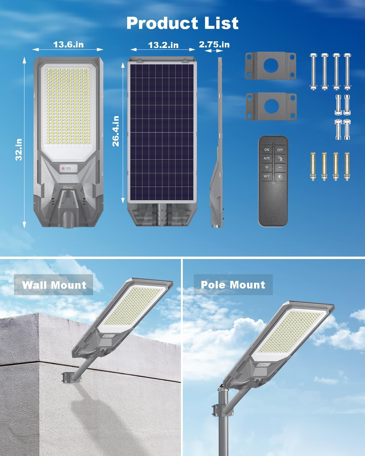 Solar Street Lights Outdoor, 24,000Mah High Power Solar Security Flood Lights Parking Lot Lights, 6500K
