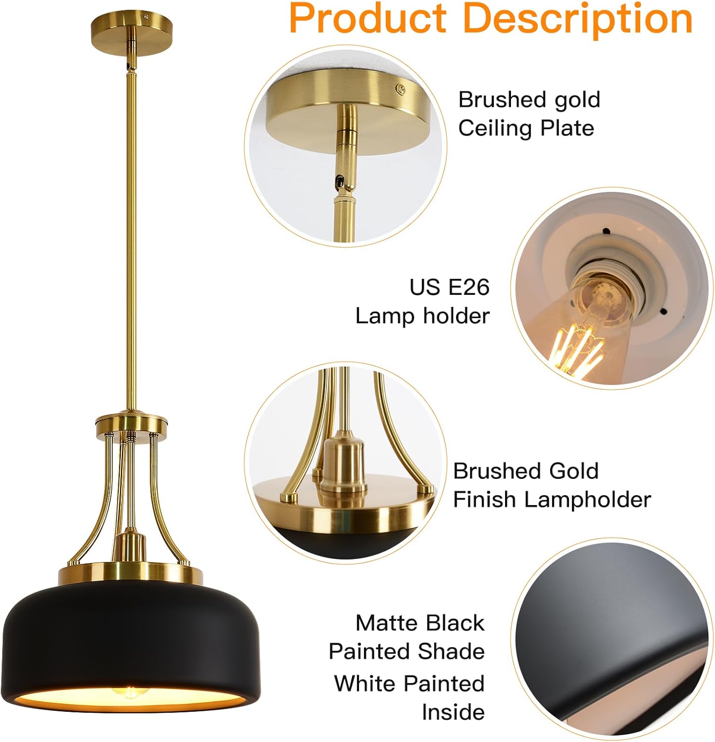 13.8-inch Nordic country farmhouse lighting fixture, modern industrial ceiling chandelier, adjustable straight tube height, electroplated cop