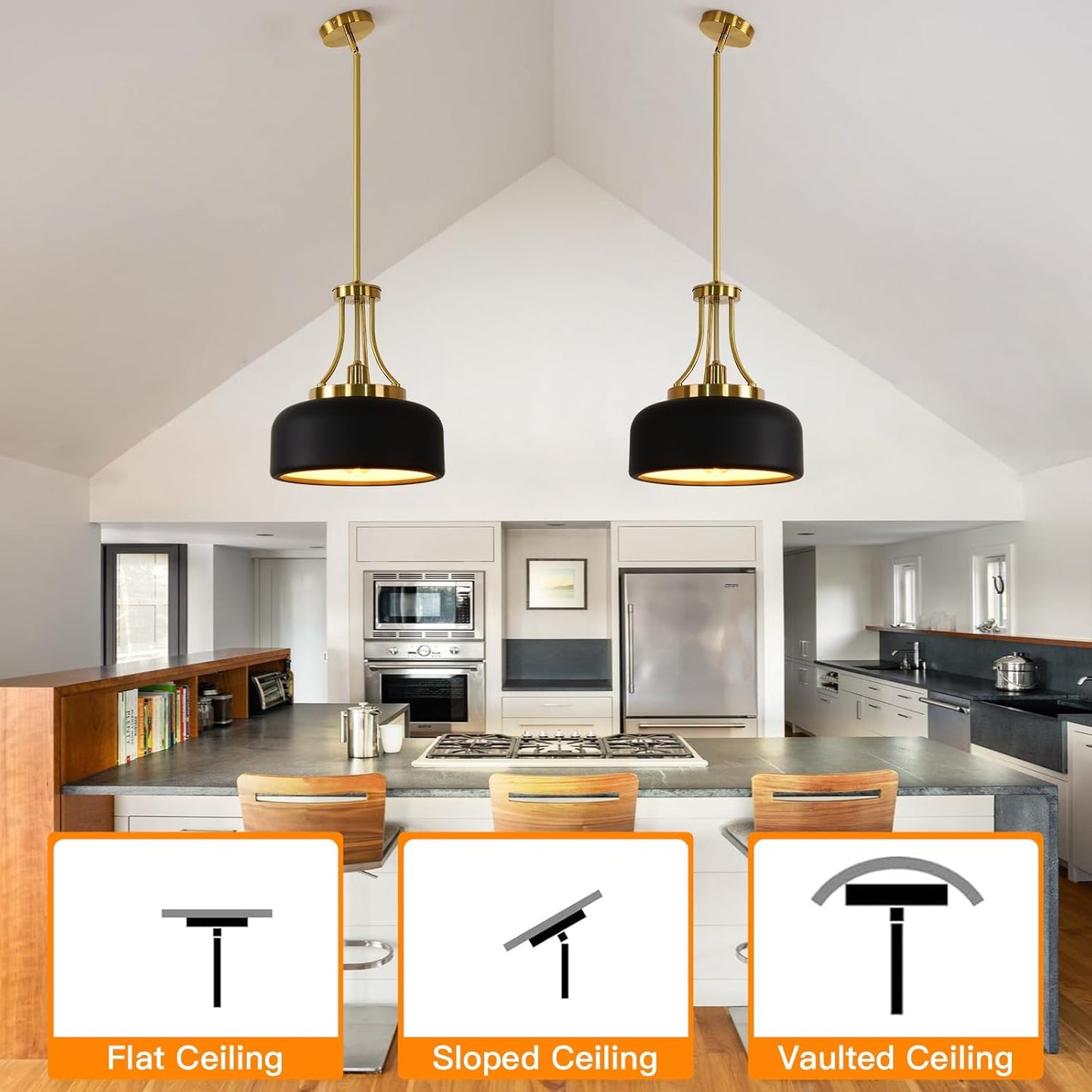 13.8-inch Nordic country farmhouse lighting fixture, modern industrial ceiling chandelier, adjustable straight tube height, electroplated cop