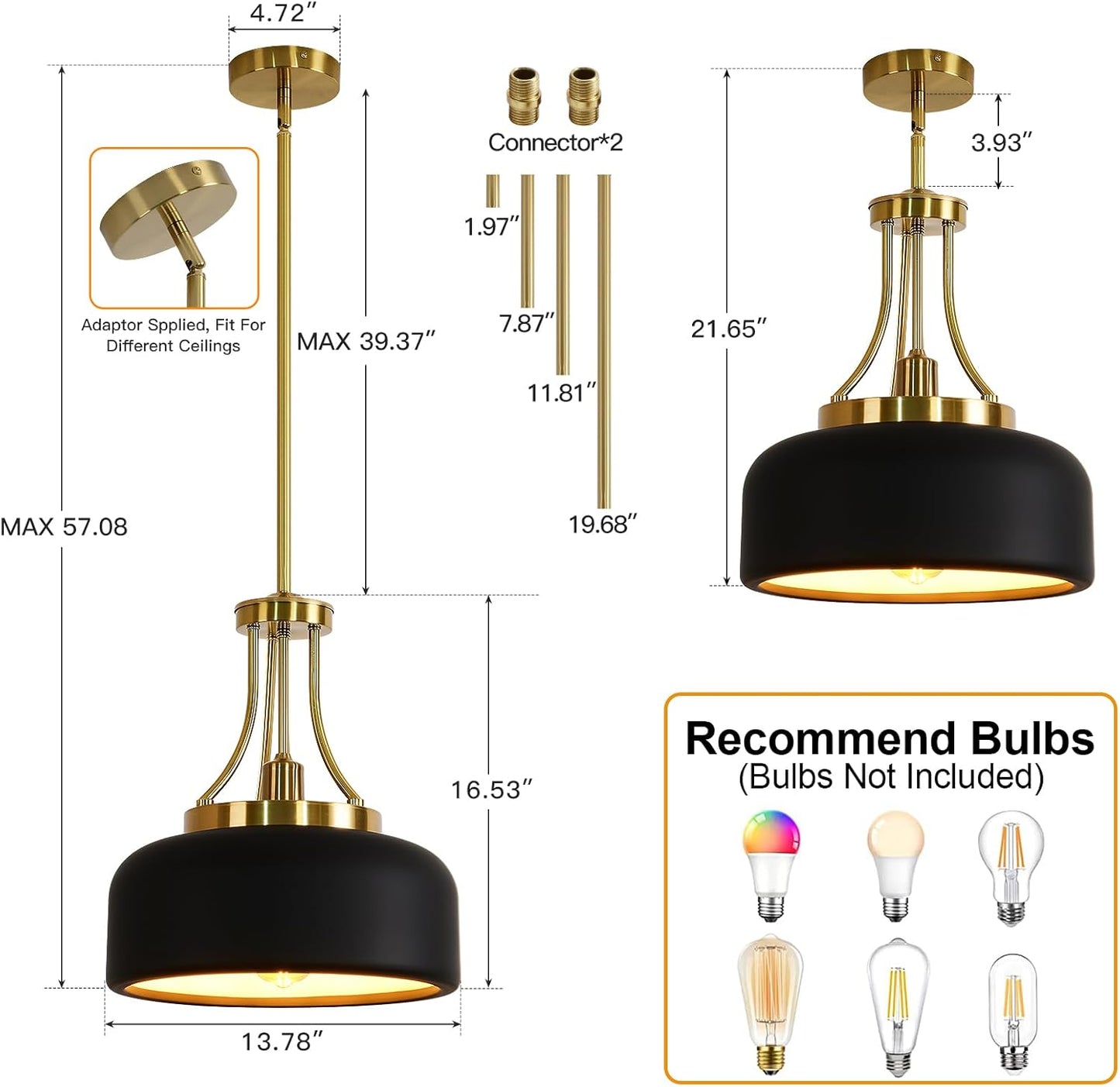 13.8-inch Nordic country farmhouse lighting fixture, modern industrial ceiling chandelier, adjustable straight tube height, electroplated cop