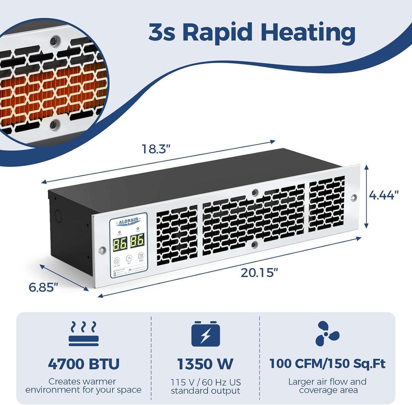 Electric Kickspace Heater with Thermostat and Timer, 1350W with Remote, Control Panel, Under Cabinet