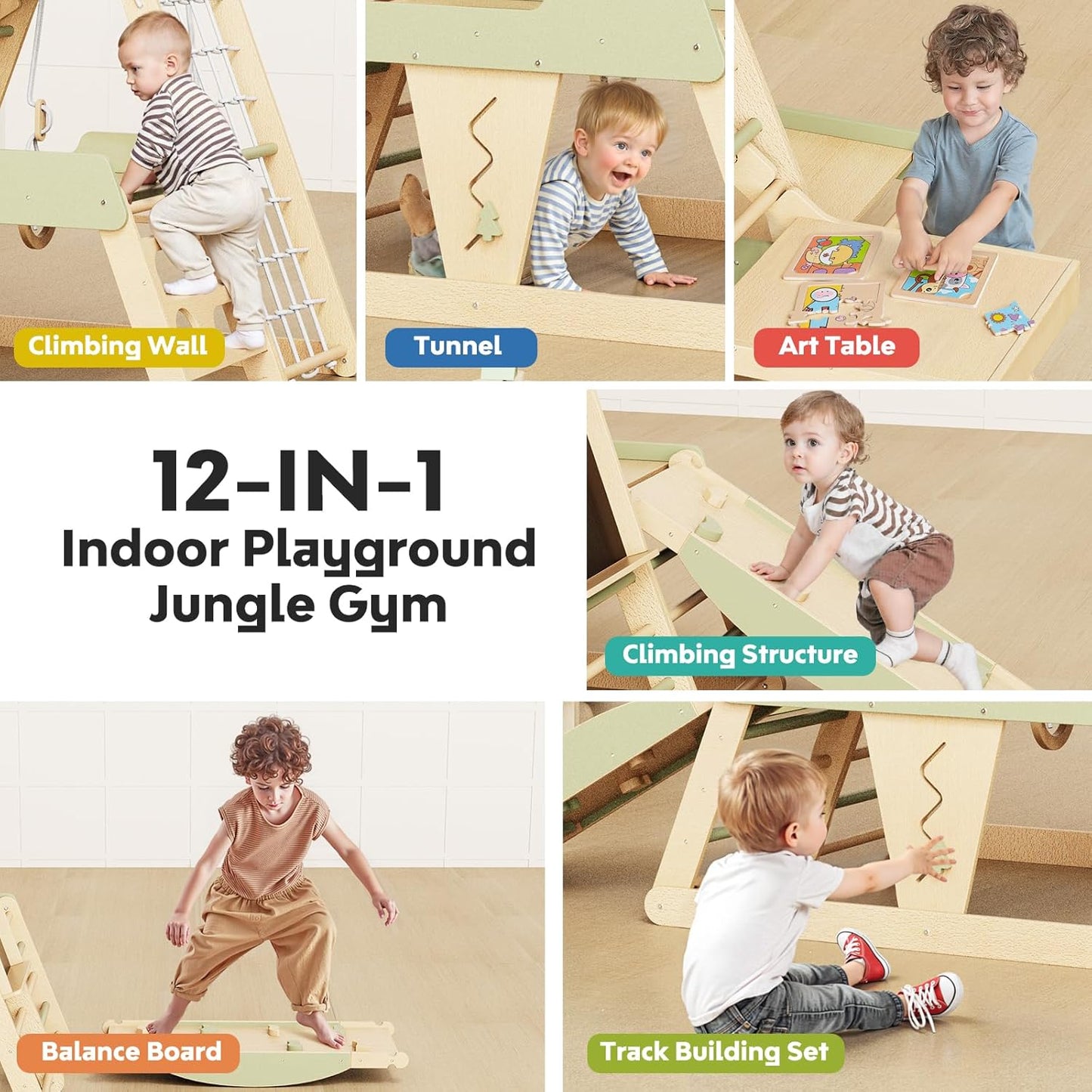 Indoor Playground 12-in-1 Jungle Gym Kids Climbing Toys, Montessori Wooden Climber Playset with Slide