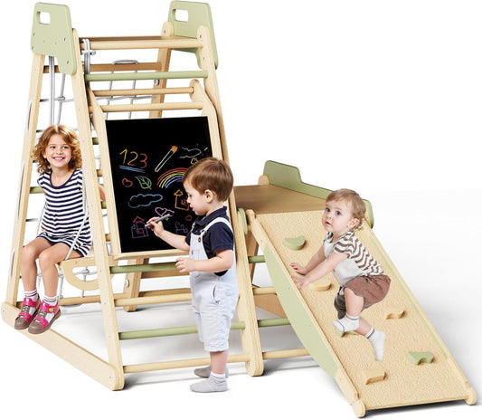 Indoor Playground 12-in-1 Jungle Gym Kids Climbing Toys, Montessori Wooden Climber Playset with Slide