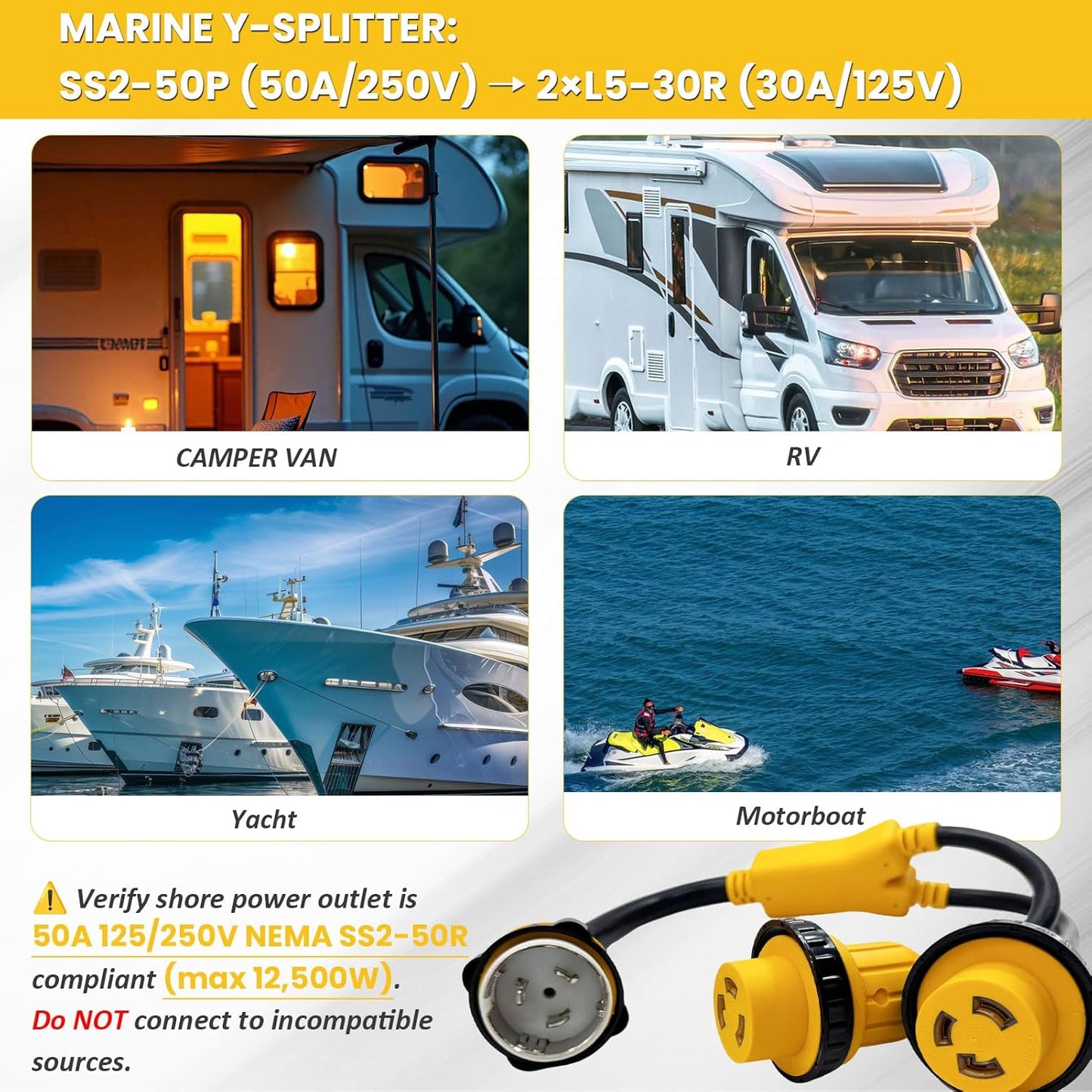 50A to Dual 30A Marine Shore Power Adapter, NEMA SS2-50P Male to 2X L5-30R Female with Locking Rings/Collar