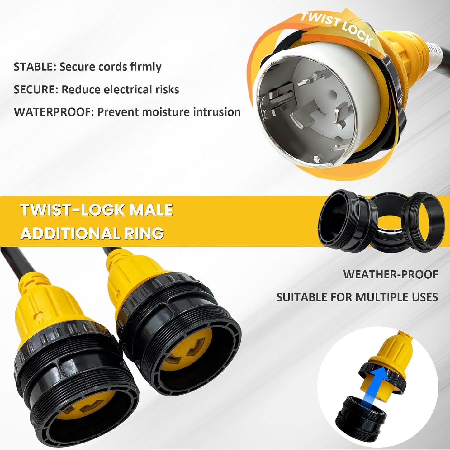 50A to Dual 30A Marine Shore Power Adapter, NEMA SS2-50P Male to 2X L5-30R Female with Locking Rings/Collar
