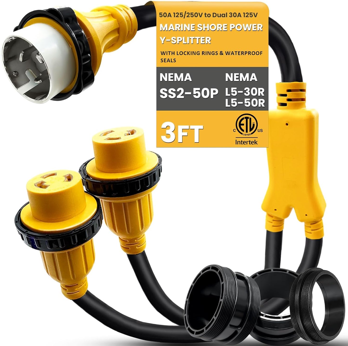 50A to Dual 30A Marine Shore Power Adapter, NEMA SS2-50P Male to 2X L5-30R Female with Locking Rings/Collar