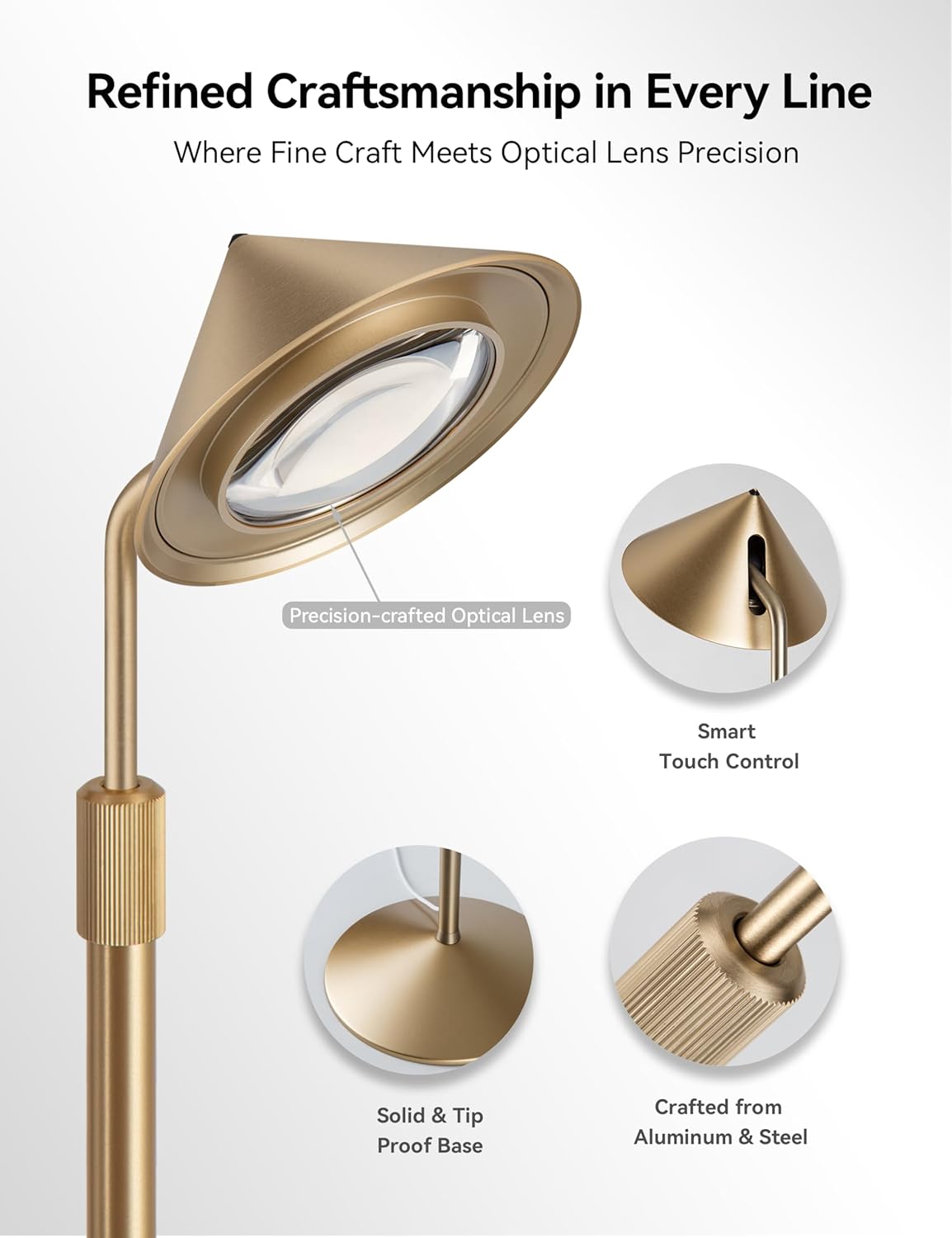 Gold Floor Lamp, Flexible Up and Down Rotatable 150 Degree, 3-Stage Touch Dimmable LED