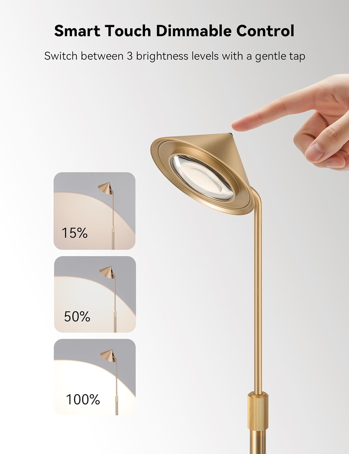 Gold Floor Lamp, Flexible Up and Down Rotatable 150 Degree, 3-Stage Touch Dimmable LED