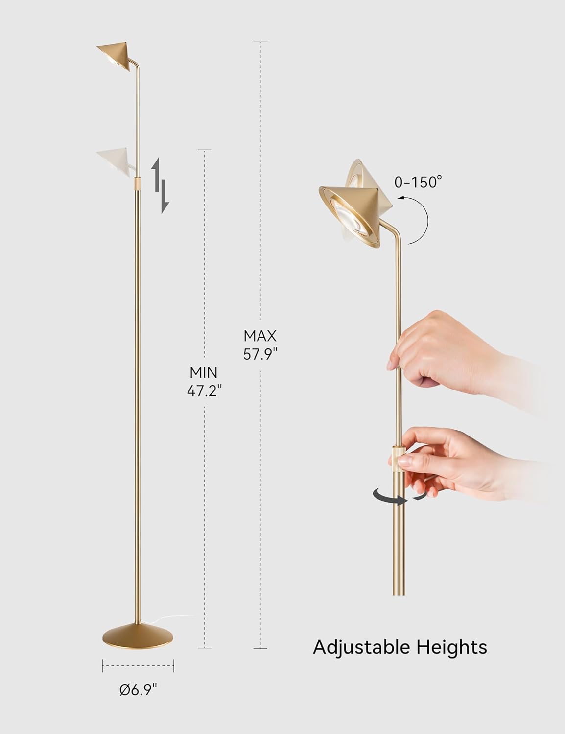 Gold Floor Lamp, Flexible Up and Down Rotatable 150 Degree, 3-Stage Touch Dimmable LED