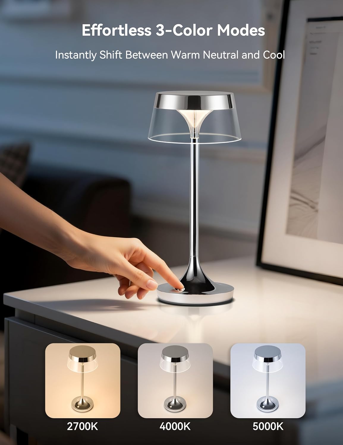 Cordless LED Table Lamp, Portable 3 Color Stepless Touch Dimmable Desk lamp, Rechargeable Table Lamp
