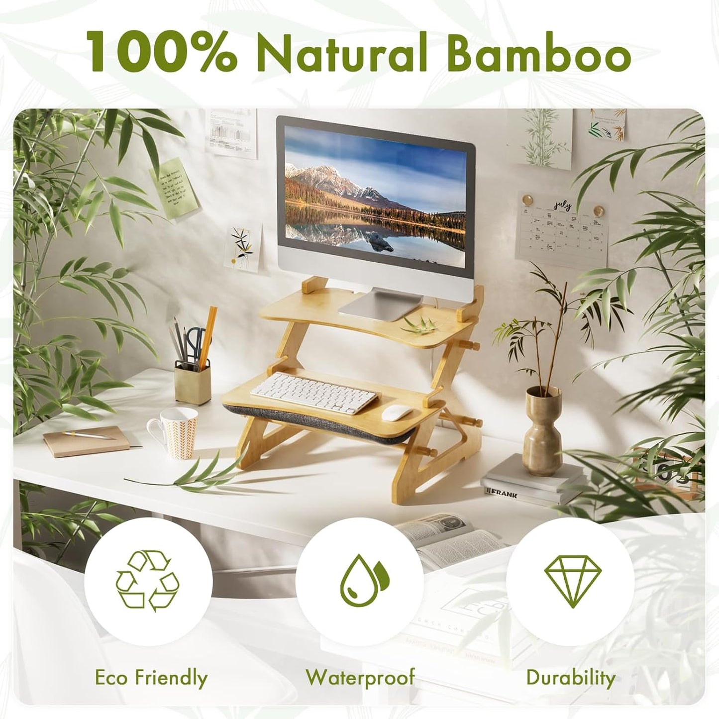 Bamboo Standing Desk Converter, Height Adjustable Sit Stand Up Desk Riser, Monitor and Laptop Workstation