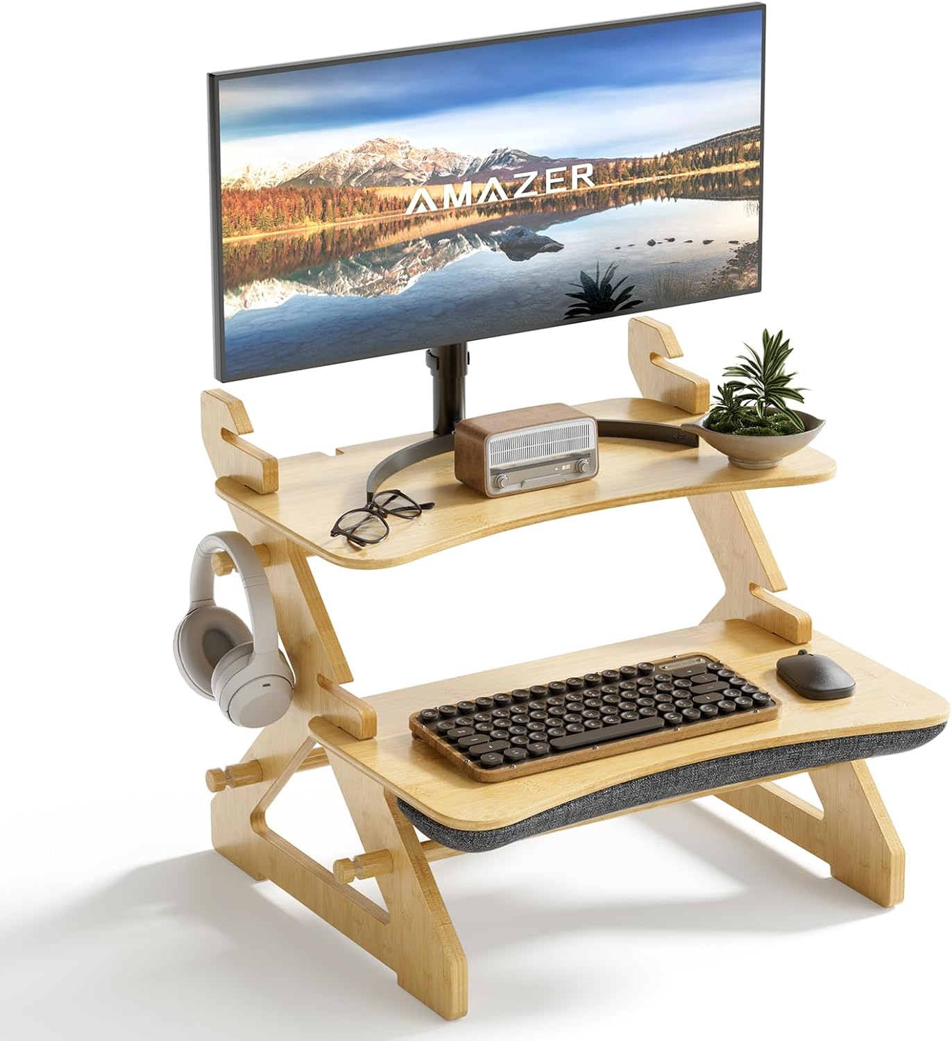 Bamboo Standing Desk Converter, Height Adjustable Sit Stand Up Desk Riser, Monitor and Laptop Workstation