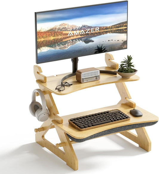 Bamboo Standing Desk Converter, Height Adjustable Sit Stand Up Desk Riser, Monitor and Laptop Workstation