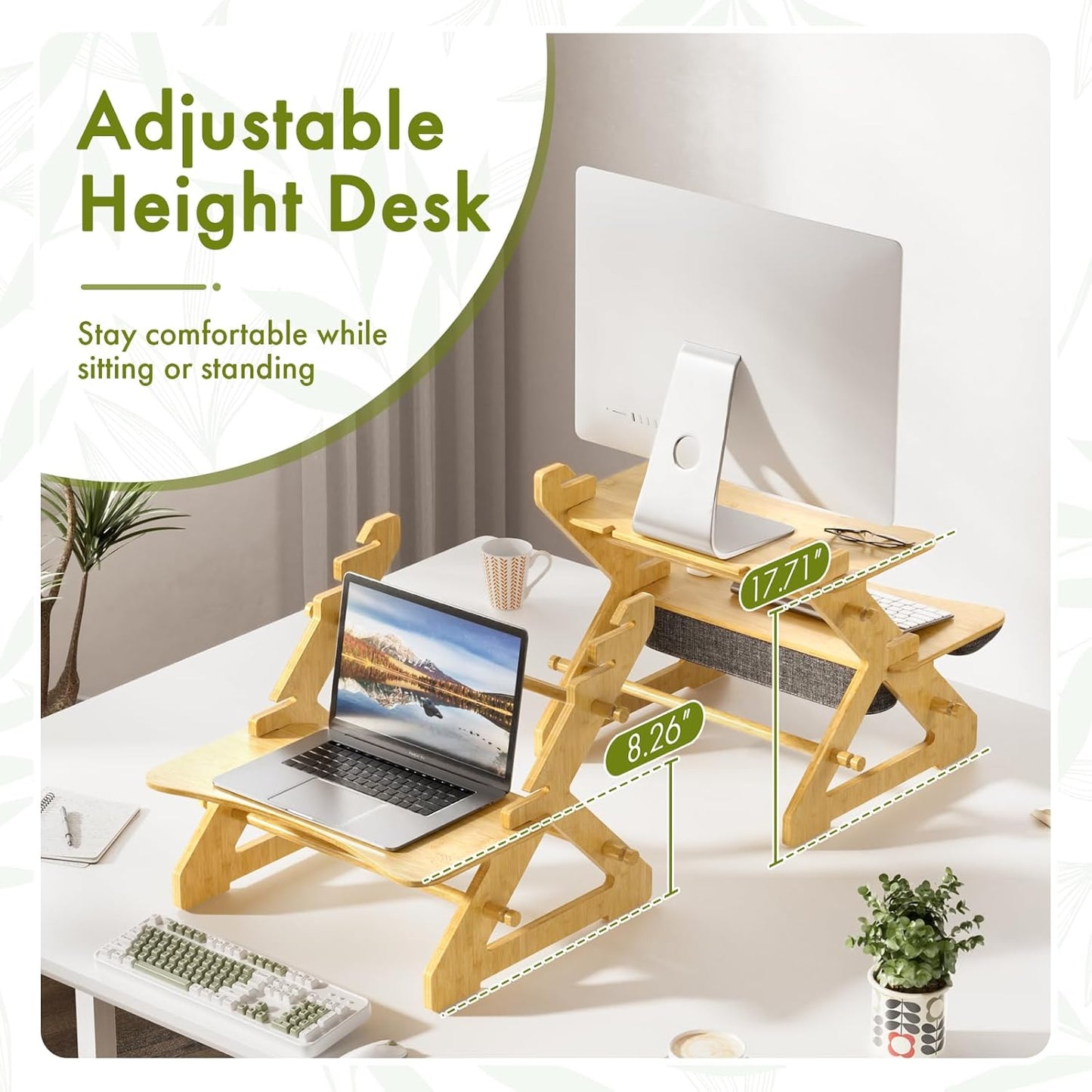 Bamboo Standing Desk Converter, Height Adjustable Sit Stand Up Desk Riser, Monitor and Laptop Workstation