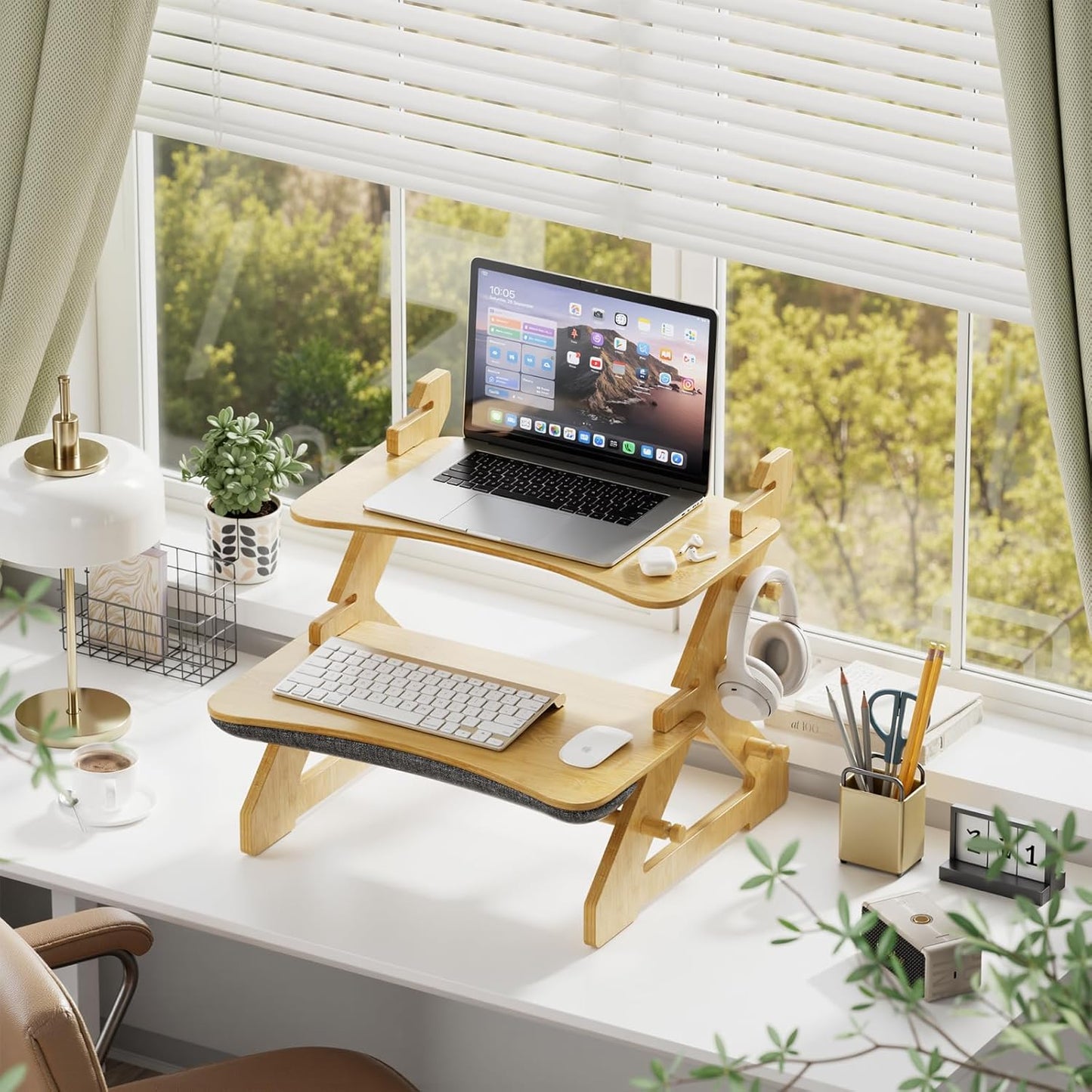 Bamboo Standing Desk Converter, Height Adjustable Sit Stand Up Desk Riser, Monitor and Laptop Workstation