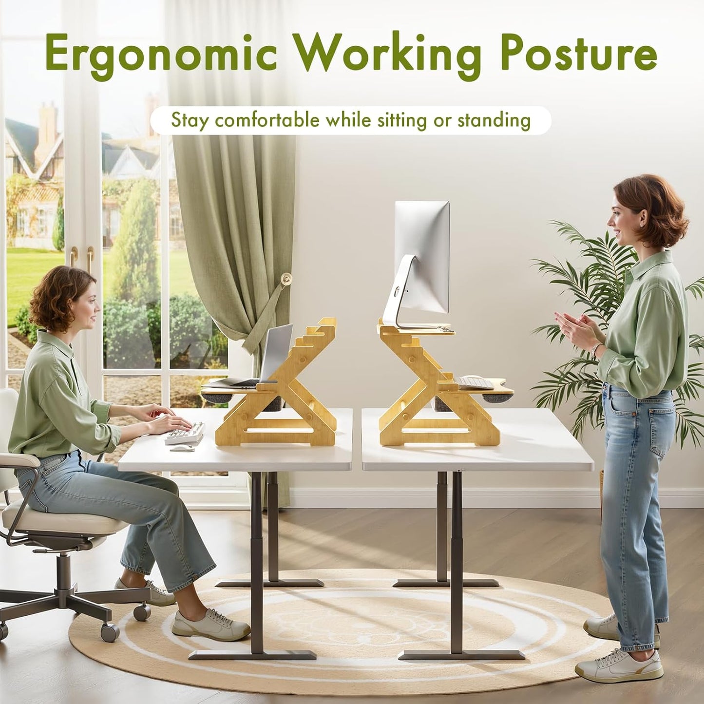 Bamboo Standing Desk Converter, Height Adjustable Sit Stand Up Desk Riser, Monitor and Laptop Workstation
