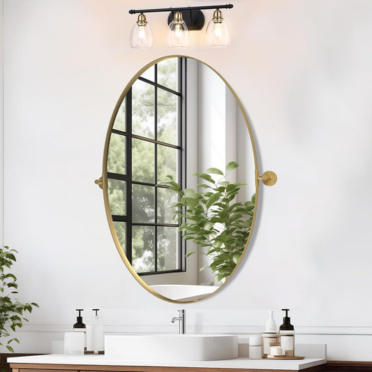 Pivot Oval Mirror 28', Tilting Adjustable Gold Bathroom Mirror for Wall, Oval Metal Frame Vanity Mirrors