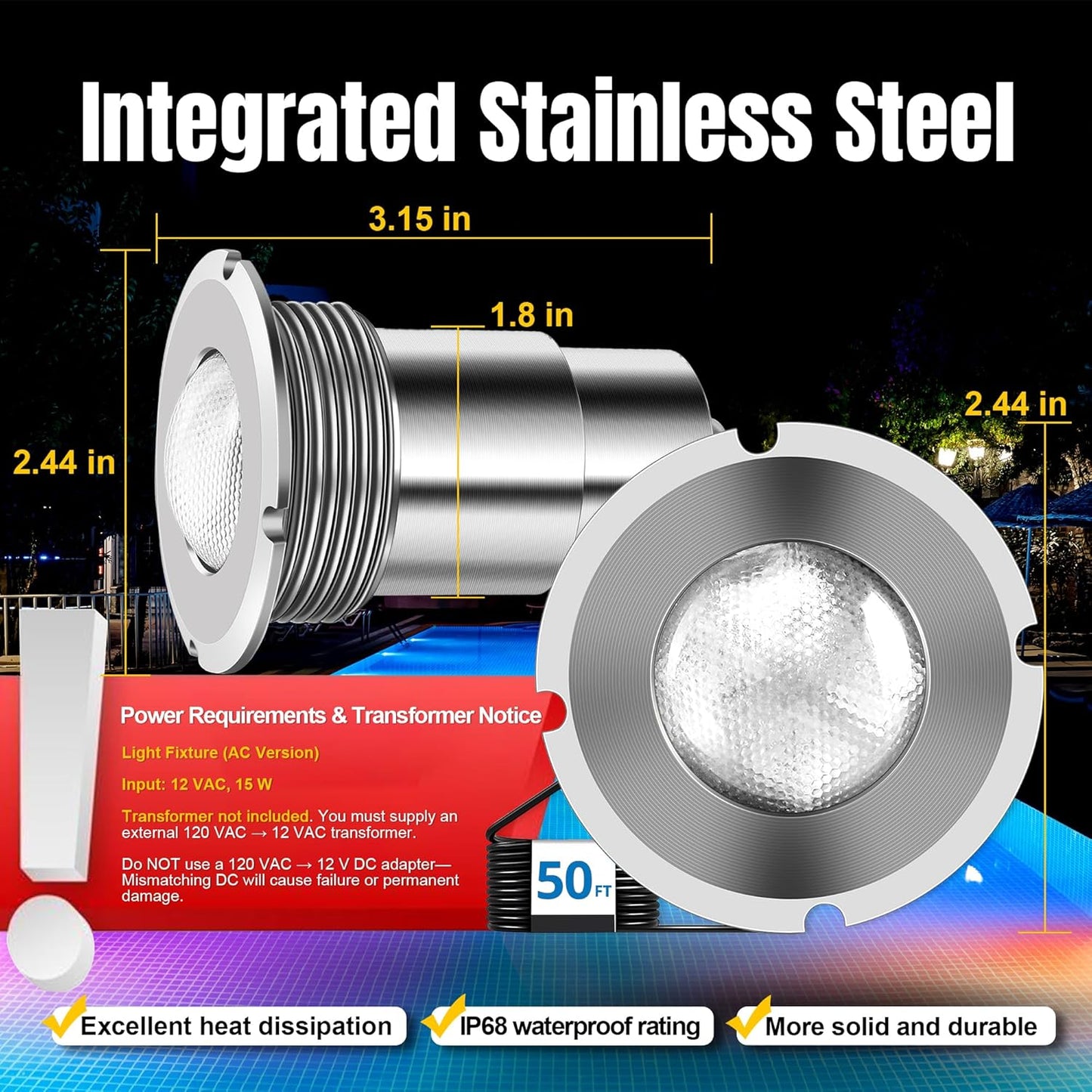 Pool Lights for Inground Pool, 1.5 Inch LED Color Inground Pool and Spa Light, IP68 Waterproof, Nicheless