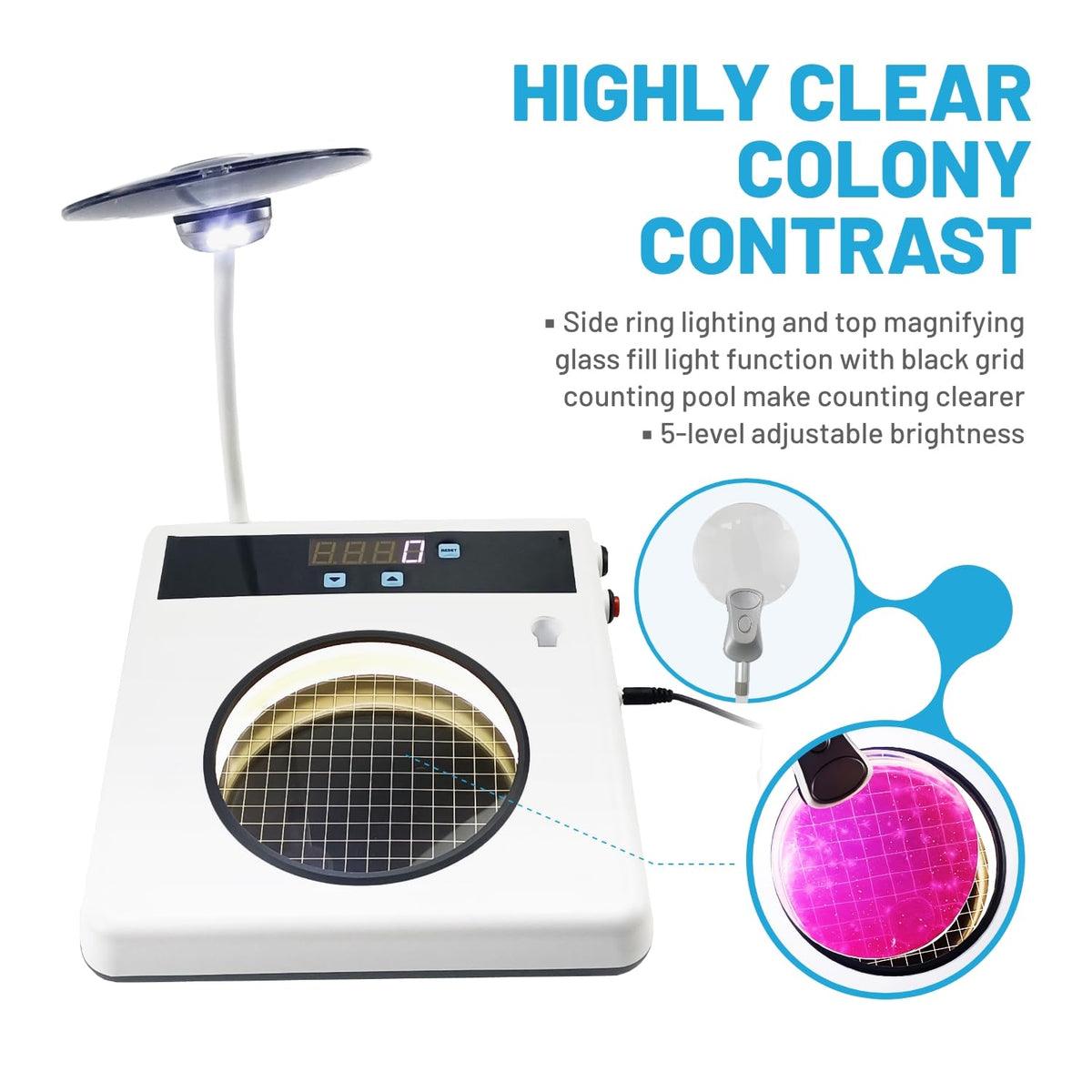 Digital Colony Counter with High-Sensitivity Counting Probe Pen for Accurate Counting,Built-in Annular Fluorescent Lamp with Side Lighting for Clear Colony Contrast
