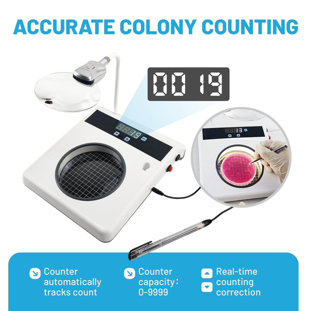 Digital Colony Counter with High-Sensitivity Counting Probe Pen for Accurate Counting,Built-in Annular Fluorescent Lamp with Side Lighting for Clear Colony Contrast