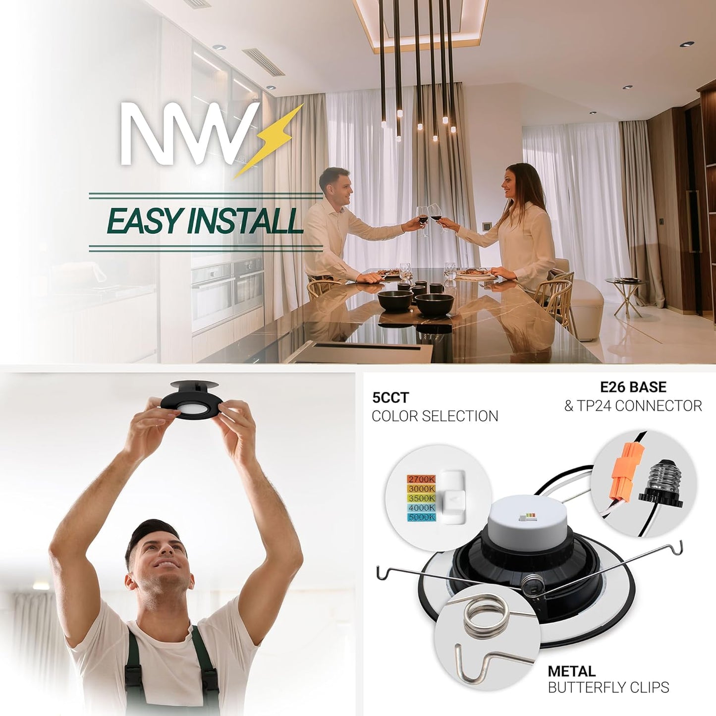 6 Inch LED Black Gimbal Retrofit Recessed Lights, Selectable 5CCT 2700K-5000K Dimmable