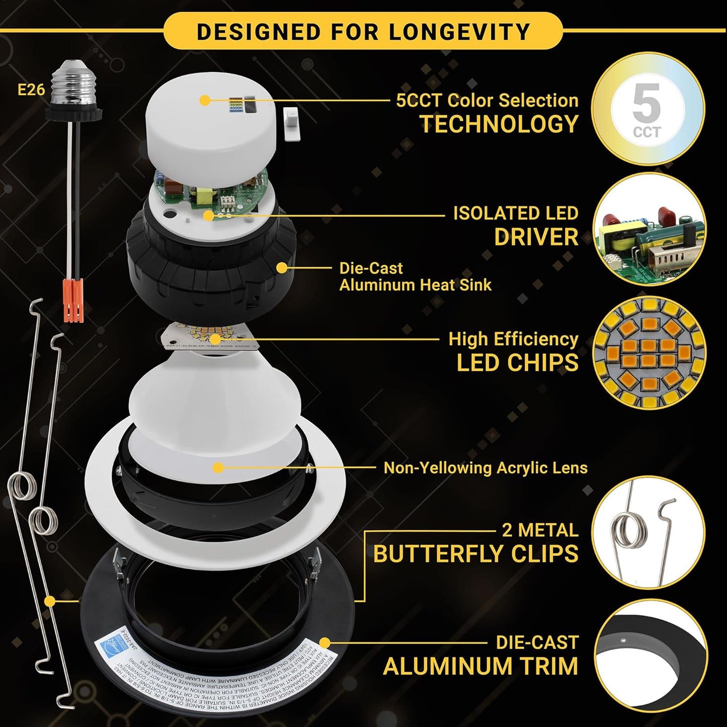 6 Inch LED Black Gimbal Retrofit Recessed Lights, Selectable 5CCT 2700K-5000K Dimmable