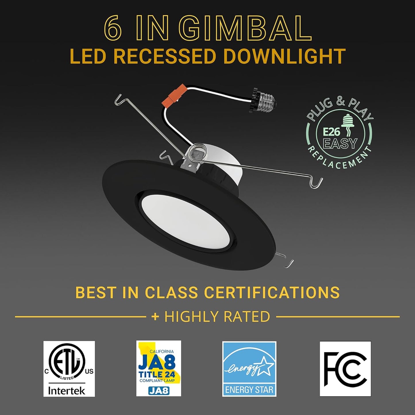 6 Inch LED Black Gimbal Retrofit Recessed Lights, Selectable 5CCT 2700K-5000K Dimmable