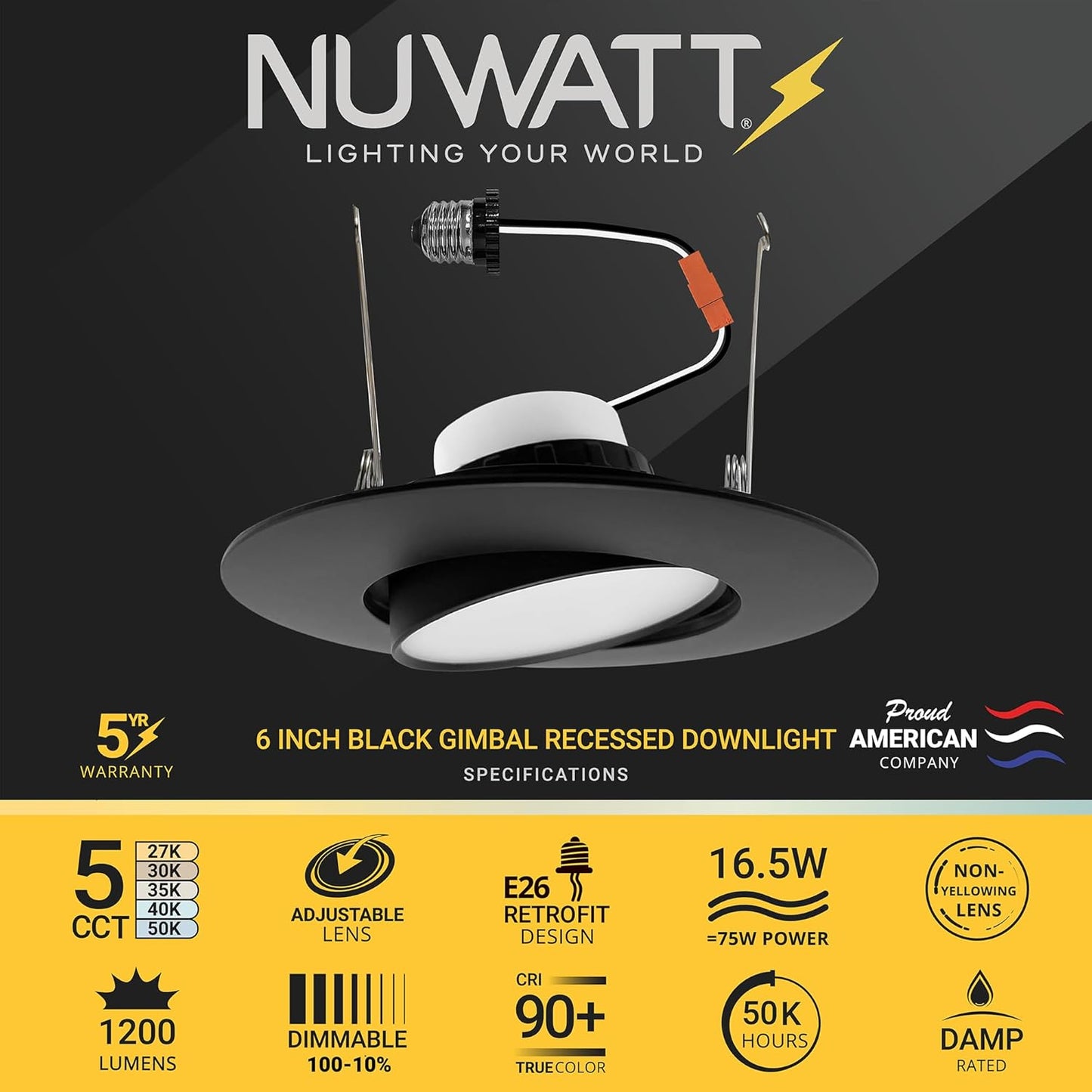 6 Inch LED Black Gimbal Retrofit Recessed Lights, Selectable 5CCT 2700K-5000K Dimmable