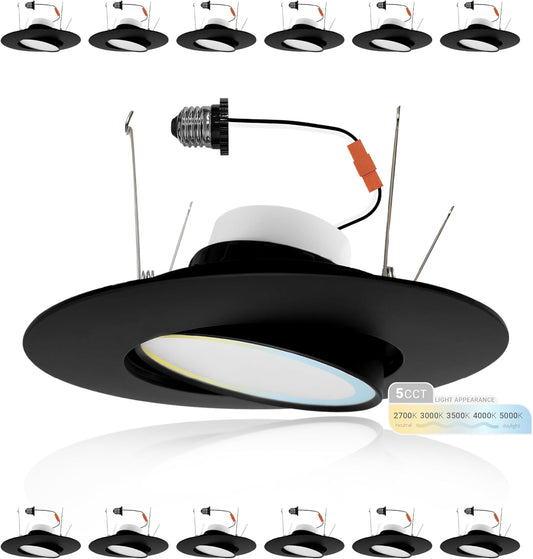 6 Inch LED Black Gimbal Retrofit Recessed Lights, Selectable 5CCT 2700K-5000K Dimmable