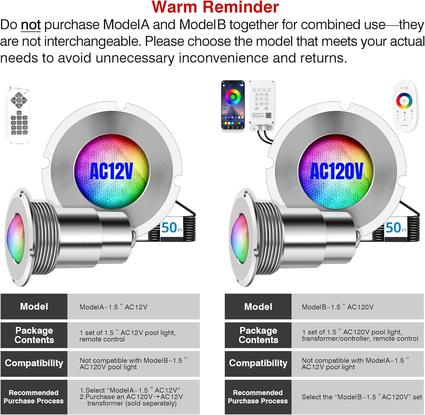 1.5 Inch LED RGBW Multicolor Inground Pool Light and Spa Light, IP68 Waterproof, AC 120V, 50ft Cable with Controller