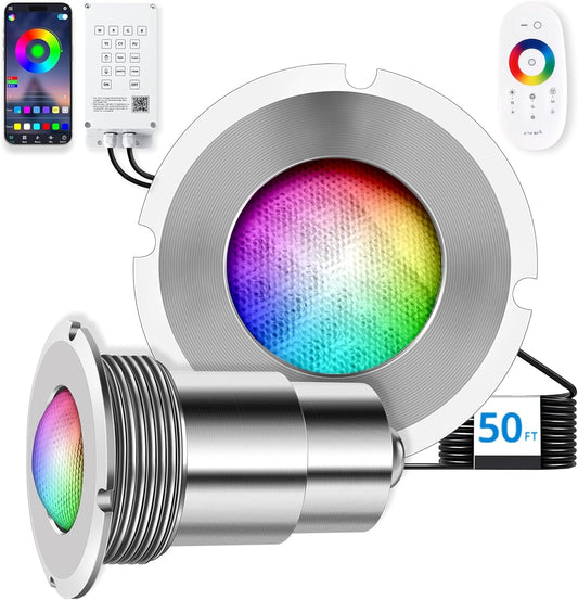 1.5 Inch LED RGBW Multicolor Inground Pool Light and Spa Light, IP68 Waterproof, AC 120V, 50ft Cable with Controller