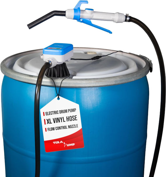 Electric Powered, 55 Gallon Drum Barrel Pump, Quick Stop Flow Control Nozzle, 9.8-ft XL Heavy-Duty Vinyl Hose