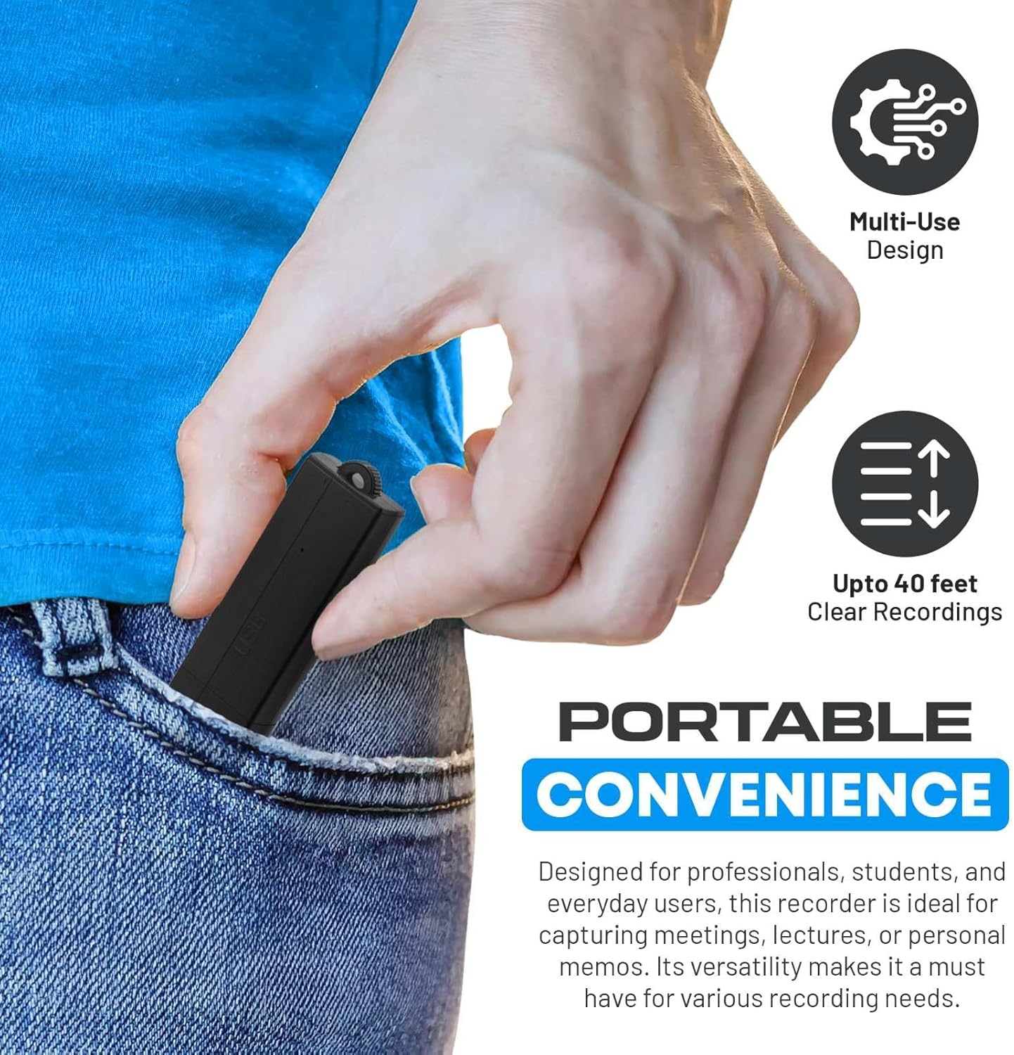 USB Audio Recorder 288 Hours, Hands-Free Recording, Long Battery Life, Easy File Transfer, Compact