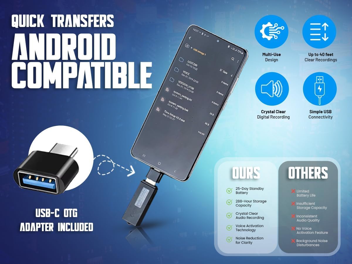 USB Audio Recorder 288 Hours, Hands-Free Recording, Long Battery Life, Easy File Transfer, Compact