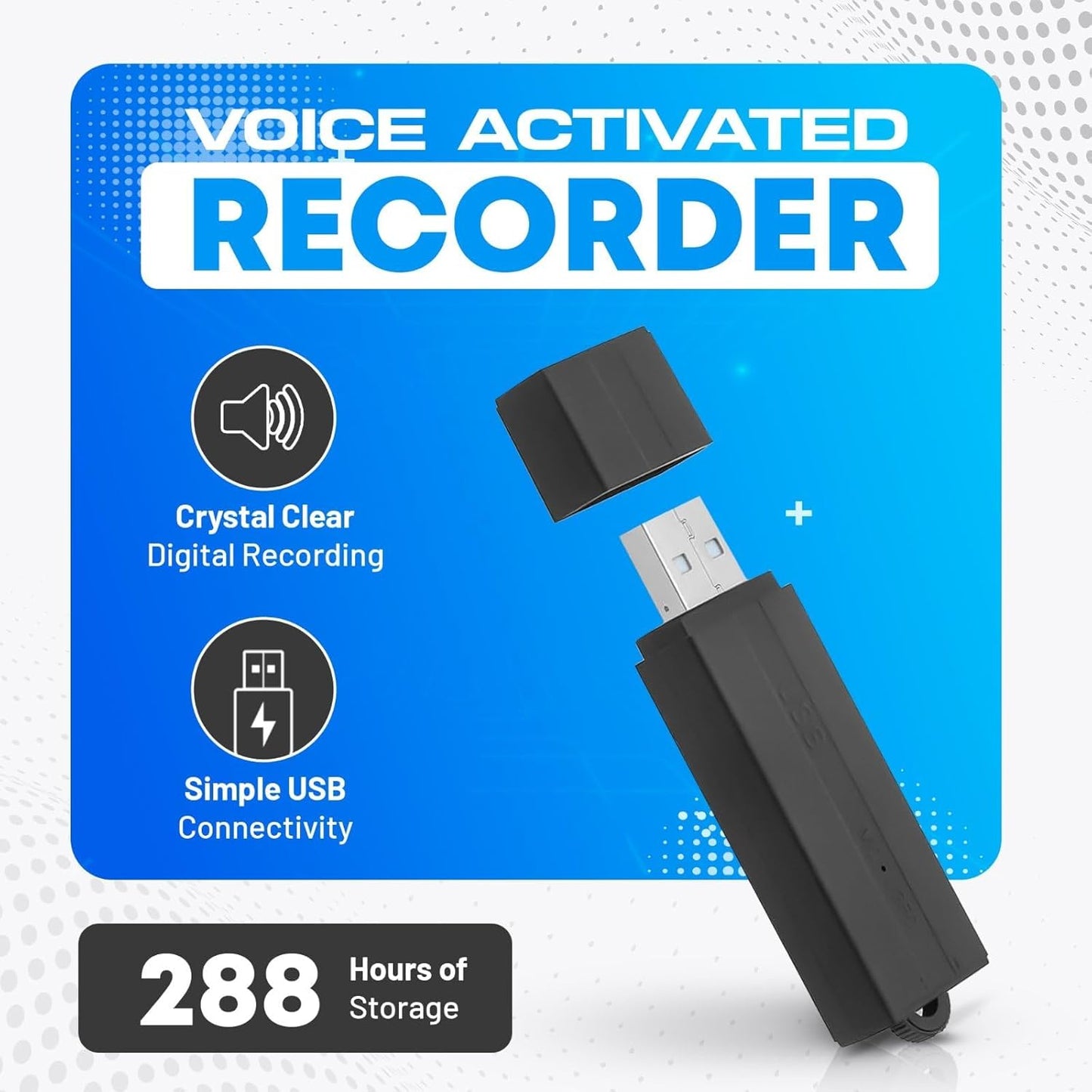 USB Audio Recorder 288 Hours, Hands-Free Recording, Long Battery Life, Easy File Transfer, Compact