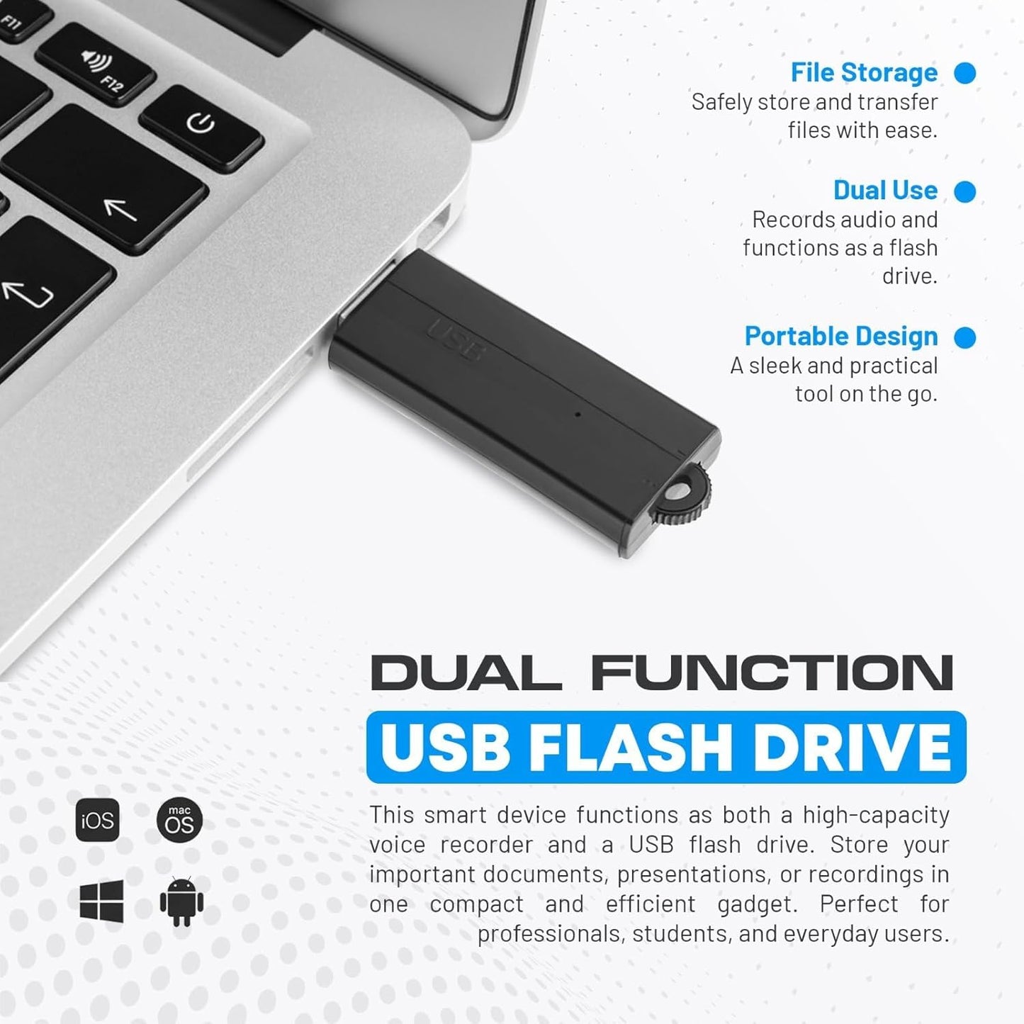 USB Audio Recorder 288 Hours, Hands-Free Recording, Long Battery Life, Easy File Transfer, Compact