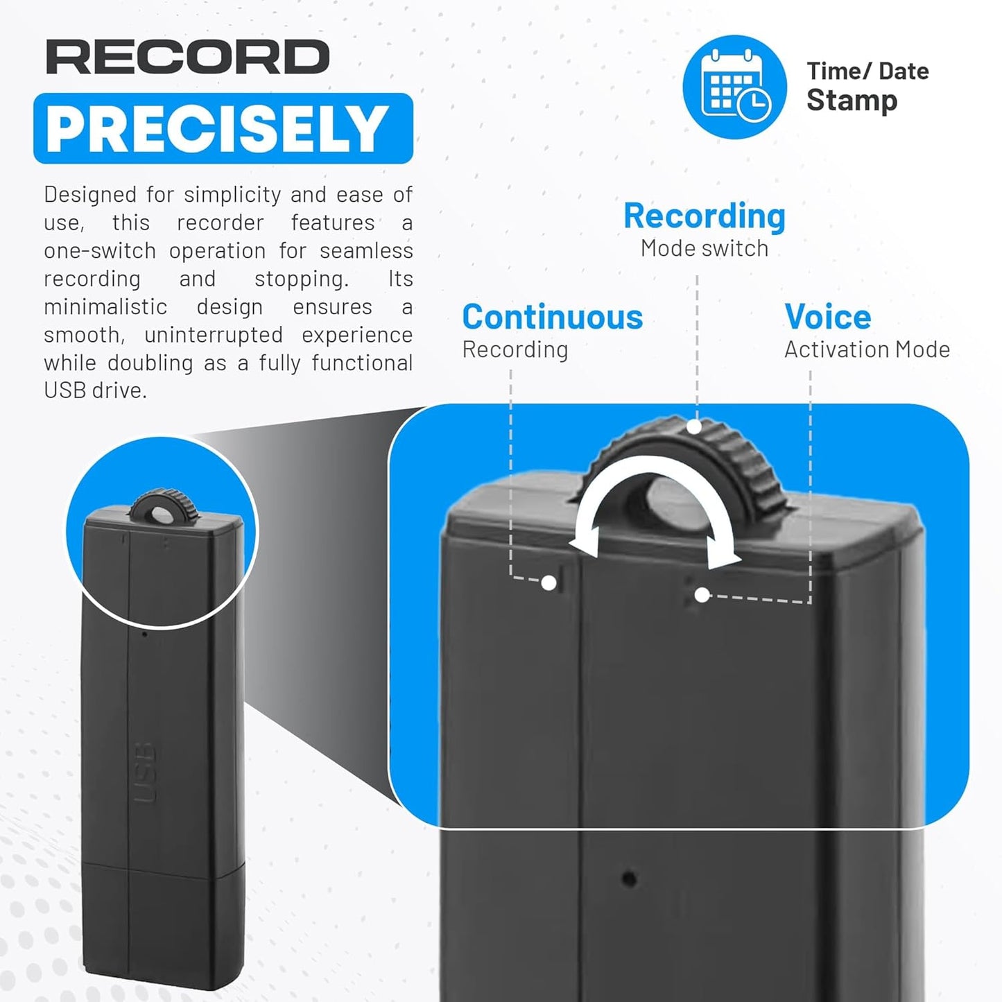 USB Audio Recorder 288 Hours, Hands-Free Recording, Long Battery Life, Easy File Transfer, Compact