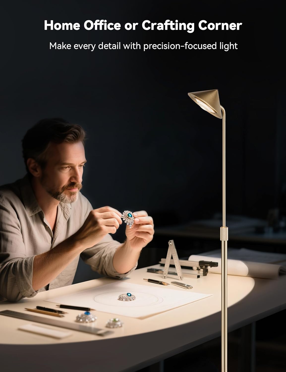 Gold Floor Lamp, Up and Down 15 0degree Rotatable and Adjustable Height, 3-Stage Touch Dimming