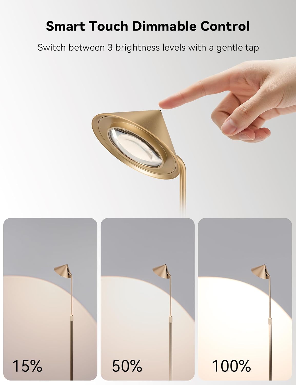 Gold Floor Lamp, Up and Down 15 0degree Rotatable and Adjustable Height, 3-Stage Touch Dimming