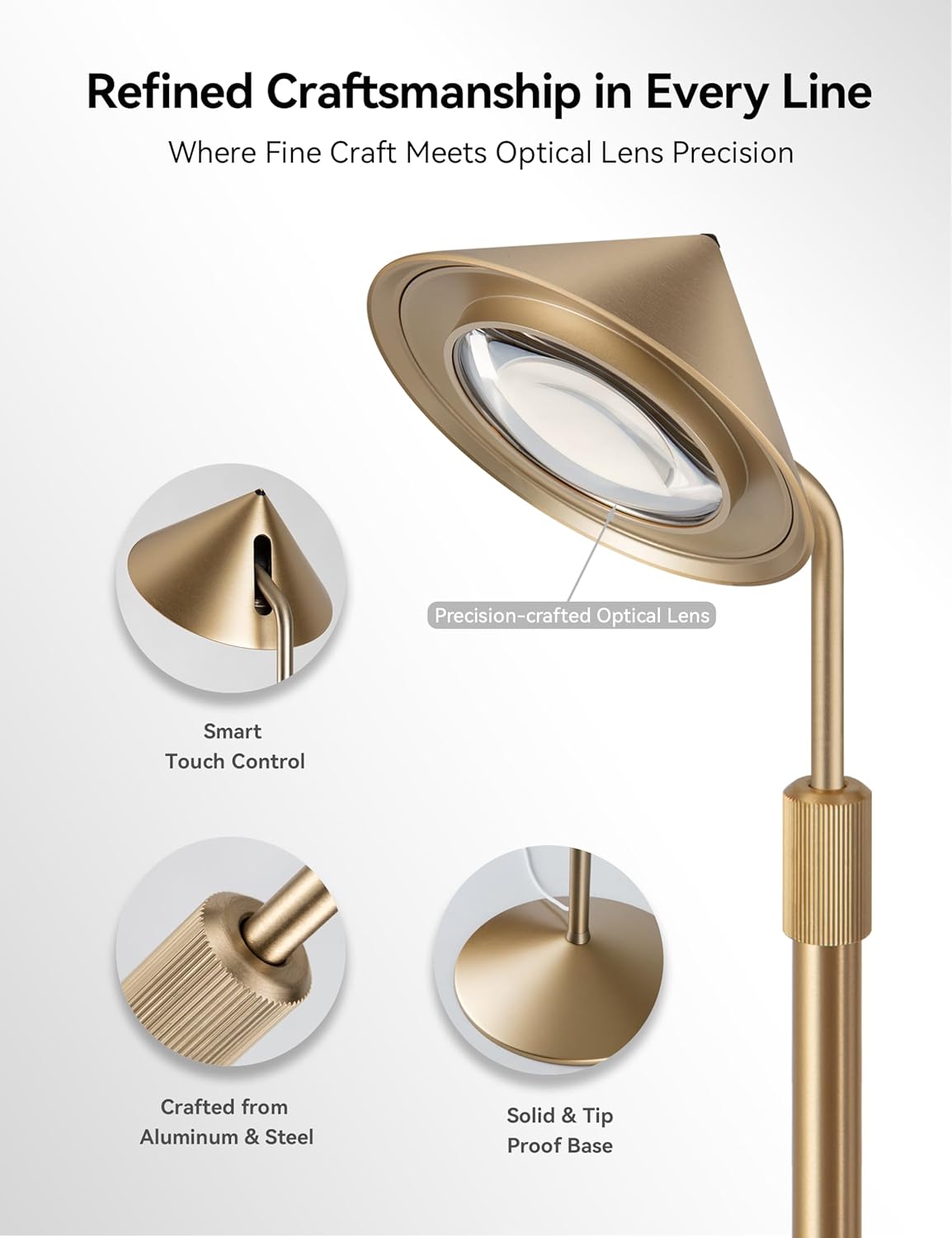 Gold Floor Lamp, Up and Down 15 0degree Rotatable and Adjustable Height, 3-Stage Touch Dimming