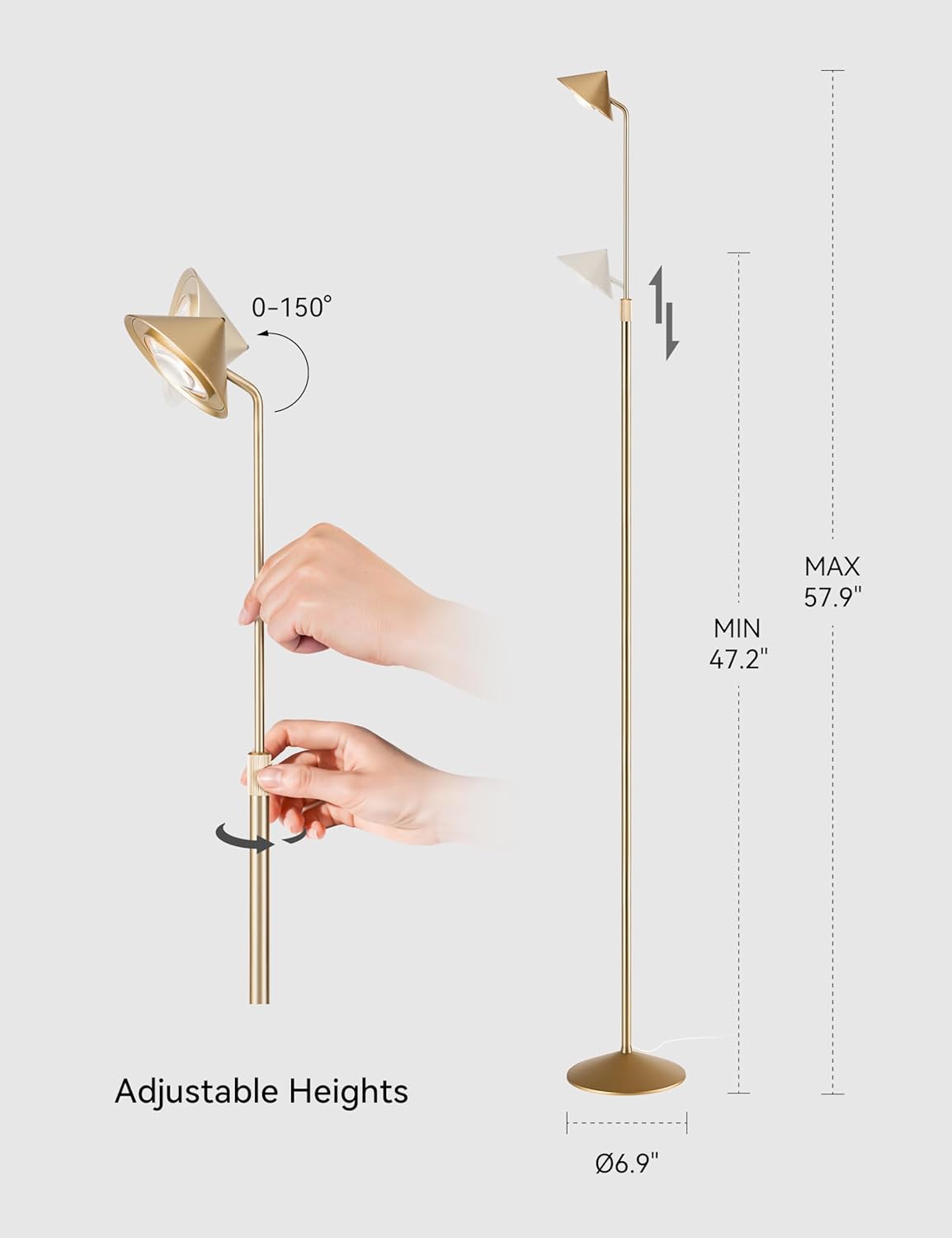 Gold Floor Lamp, Up and Down 15 0degree Rotatable and Adjustable Height, 3-Stage Touch Dimming