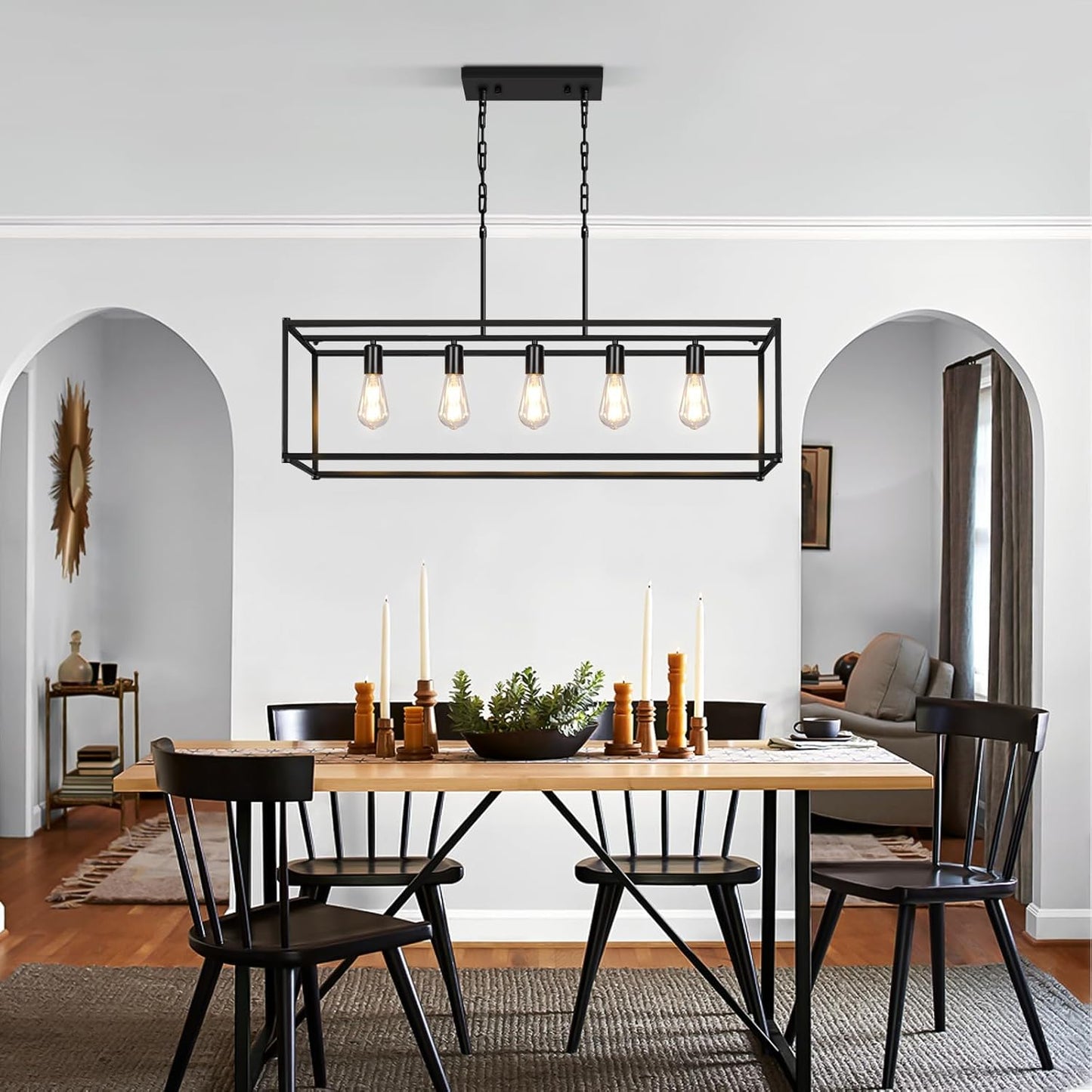 5-Light Rustic Farmhouse Chandelier, Rectangular Metal Kitchen Island Pendant Lighting Fixtures, Black Industrial