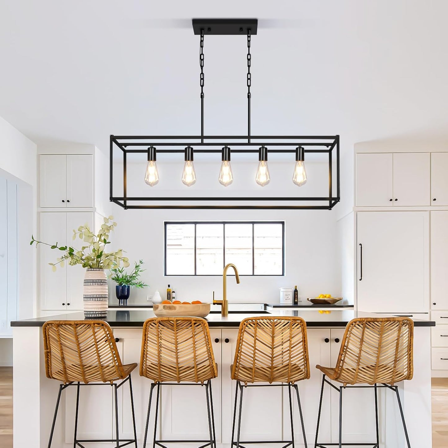 5-Light Rustic Farmhouse Chandelier, Rectangular Metal Kitchen Island Pendant Lighting Fixtures, Black Industrial