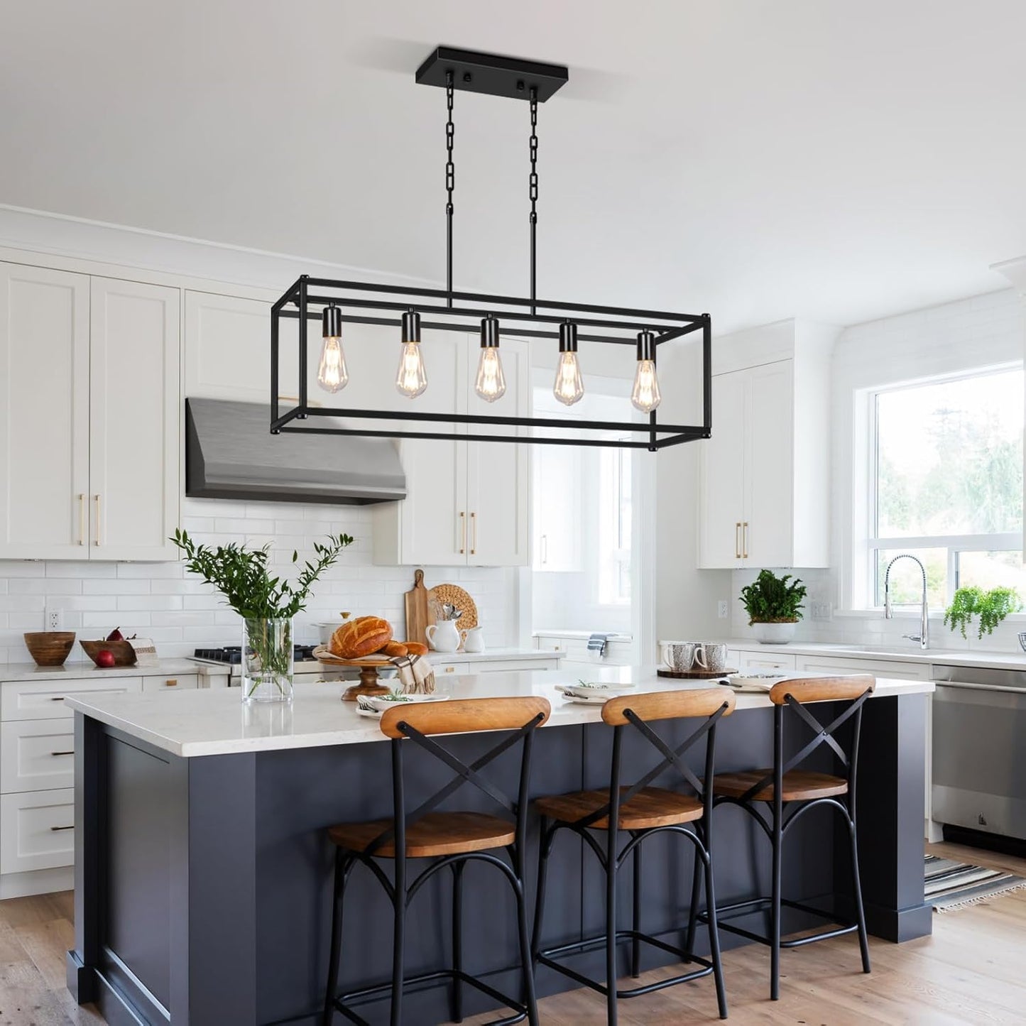 5-Light Rustic Farmhouse Chandelier, Rectangular Metal Kitchen Island Pendant Lighting Fixtures, Black Industrial