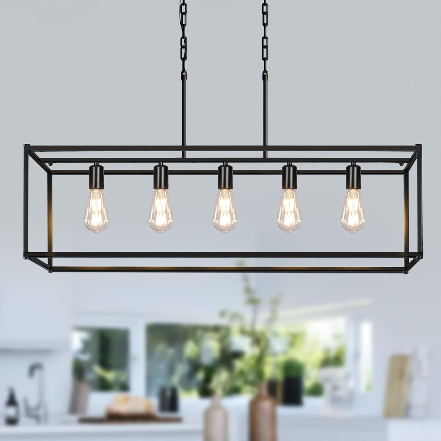 5-Light Rustic Farmhouse Chandelier, Rectangular Metal Kitchen Island Pendant Lighting Fixtures, Black Industrial