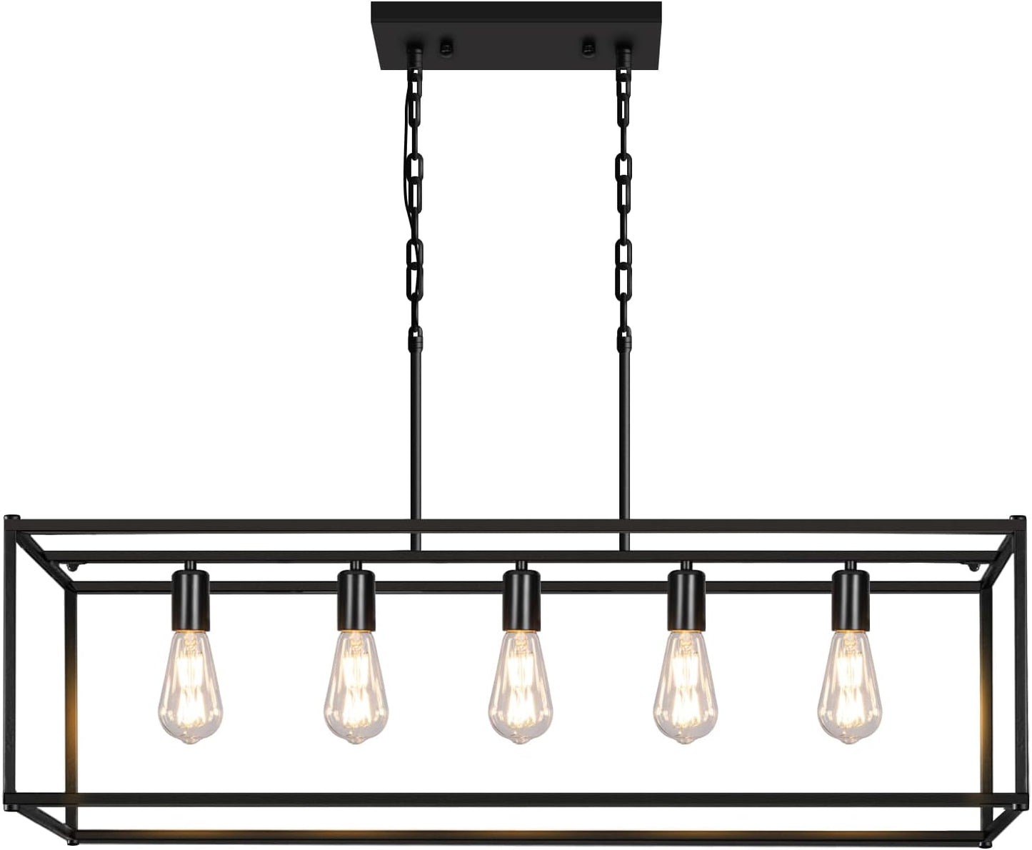 5-Light Rustic Farmhouse Chandelier, Rectangular Metal Kitchen Island Pendant Lighting Fixtures, Black Industrial