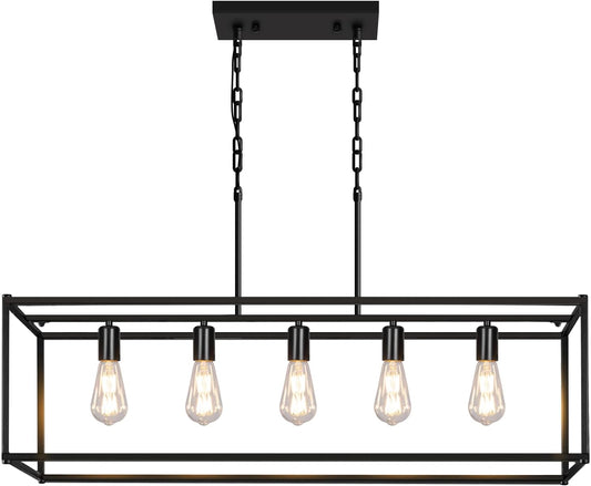 5-Light Rustic Farmhouse Chandelier, Rectangular Metal Kitchen Island Pendant Lighting Fixtures, Black Industrial